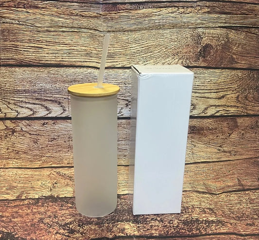 25oz Frosted sublimation Glass Libbey w/ Bamboo Lid